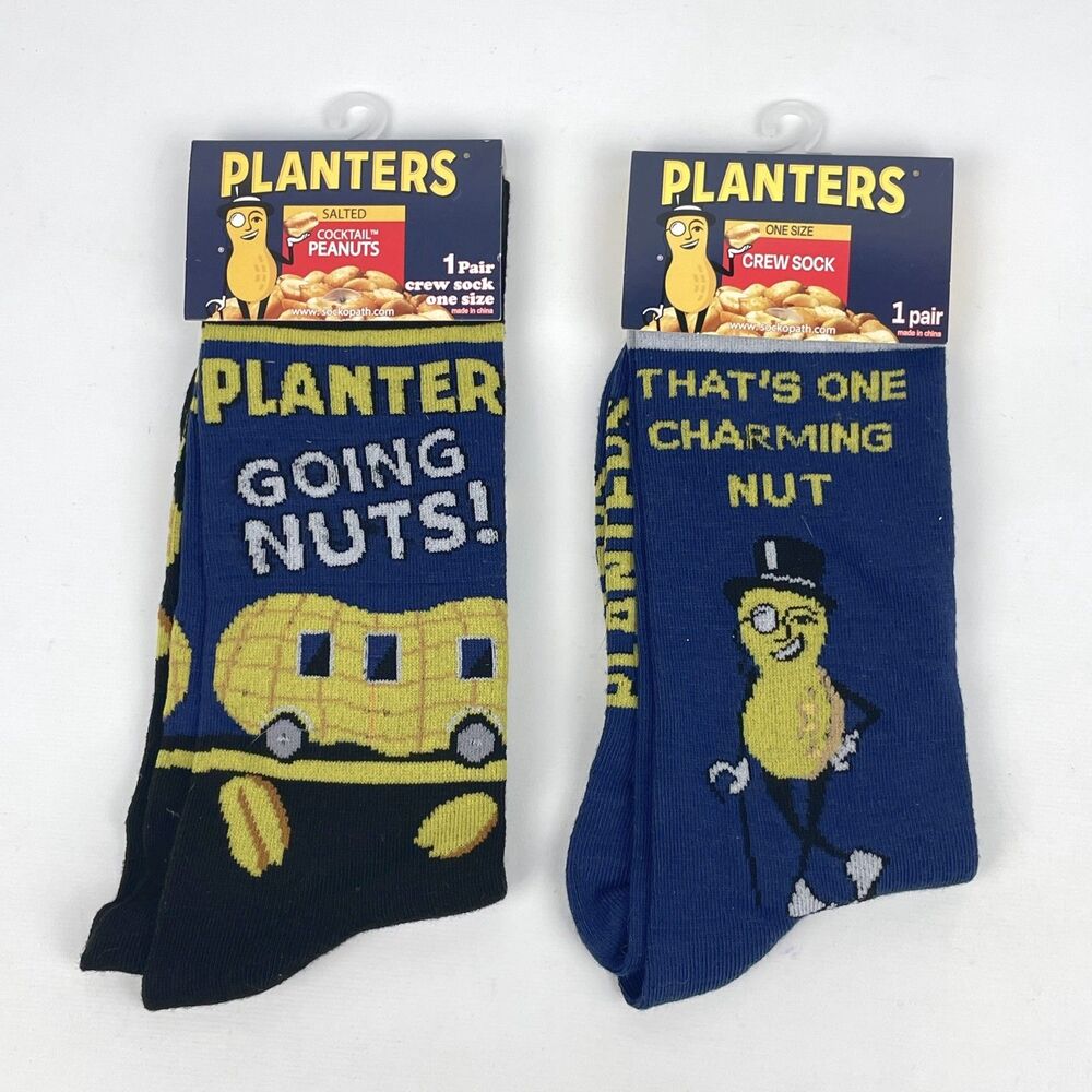 Planters Mr Peanut Crew Socks Unisex OS 2 Pair Bundle Novelty Graphic Nutmobile